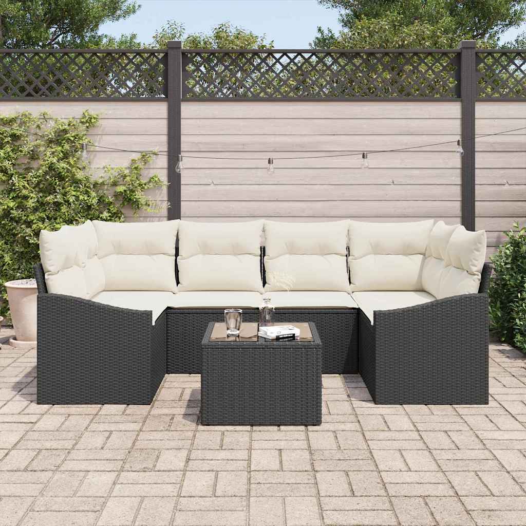 Garten-Sofa-Set mit Kissen mit Speicher 7 pcs Schwarz und Creme