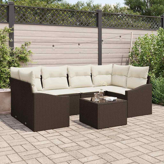 Garten-Sofa-Set mit Kissen mit Speicher 7 pcs Braun und Creme