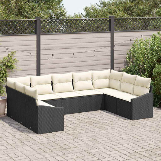 Gartensofa-set mit Kissen 9 pcs Schwarz und Creme Poly-Rattan