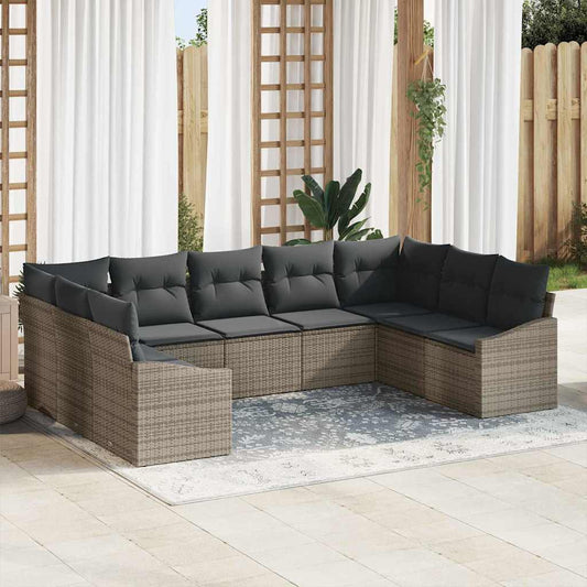 Gartensofa-set mit Kissen mit Speicher 9 pcs Grau Poly-Rattan
