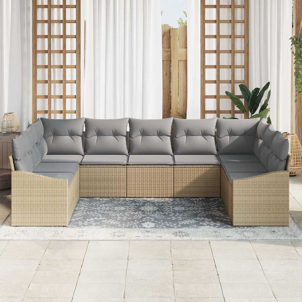 Gartensofa-set mit Kissen 9 pcs Beige und Hellgrau Poly-Rattan