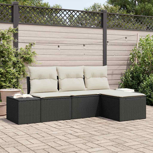 Garten-Sofa-Set mit Kissen mit Speicher 4 pcs Schwarz, Creme