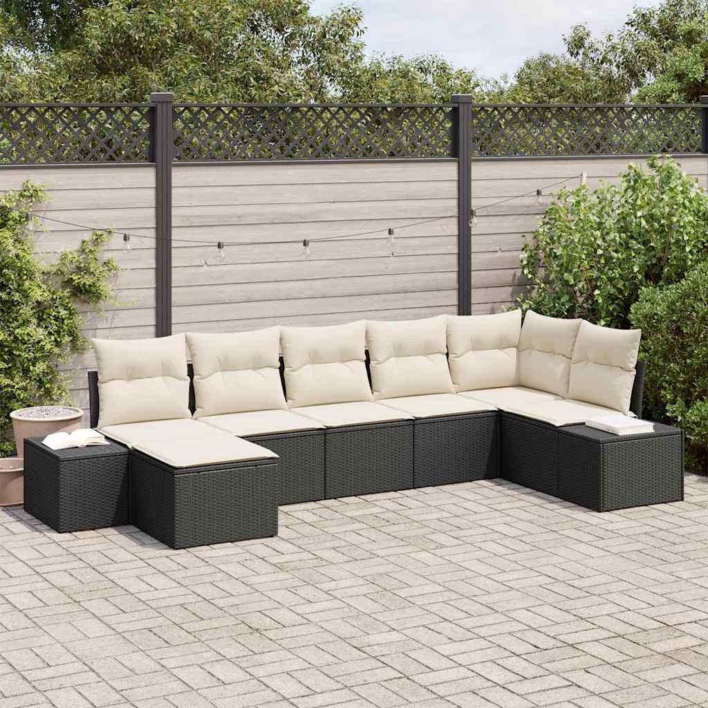 Garten-Sofa-Set mit Kissen 7 pcs Schwarz Poly Rattan