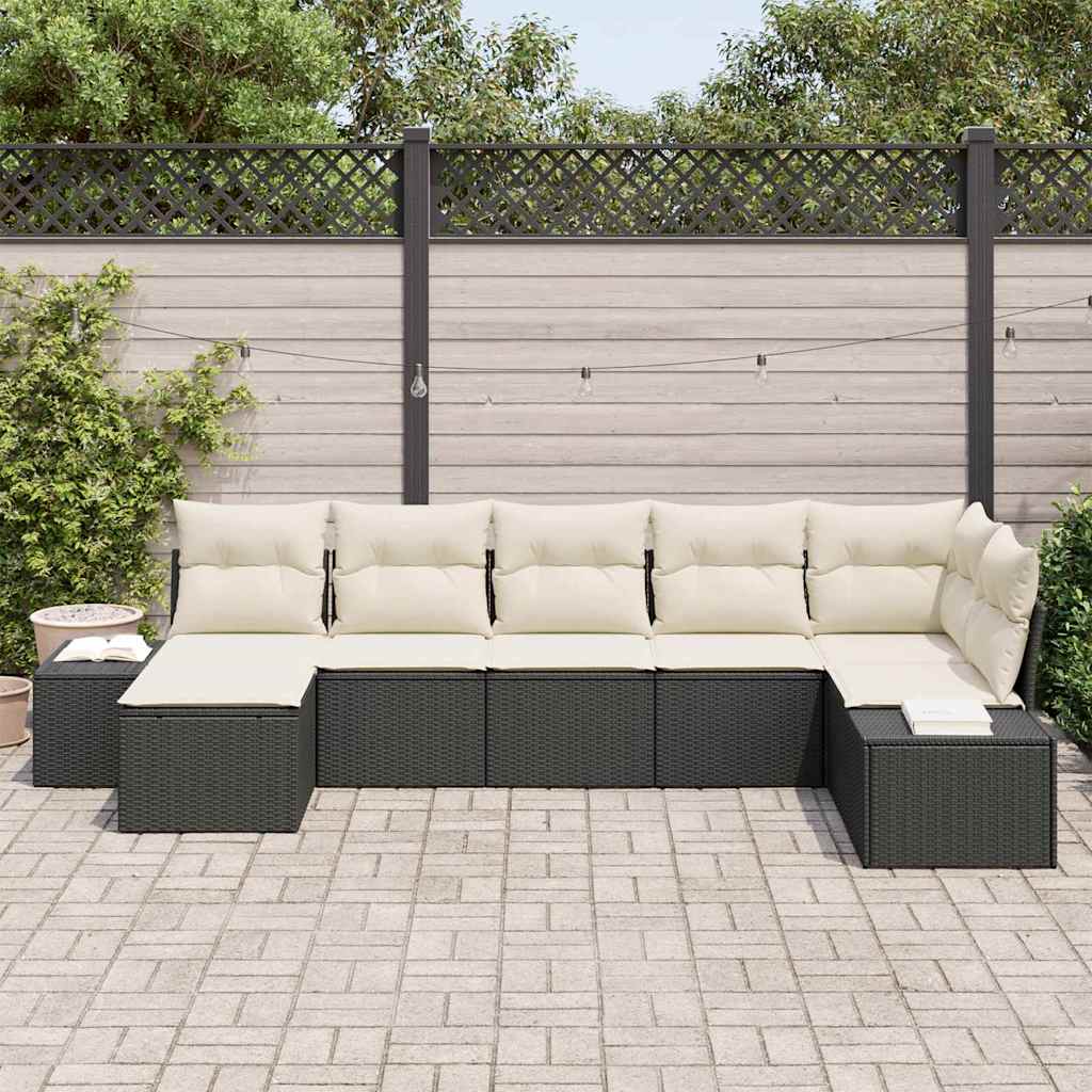 Garten-Sofa-Set mit Kissen 7 pcs Schwarz Poly Rattan