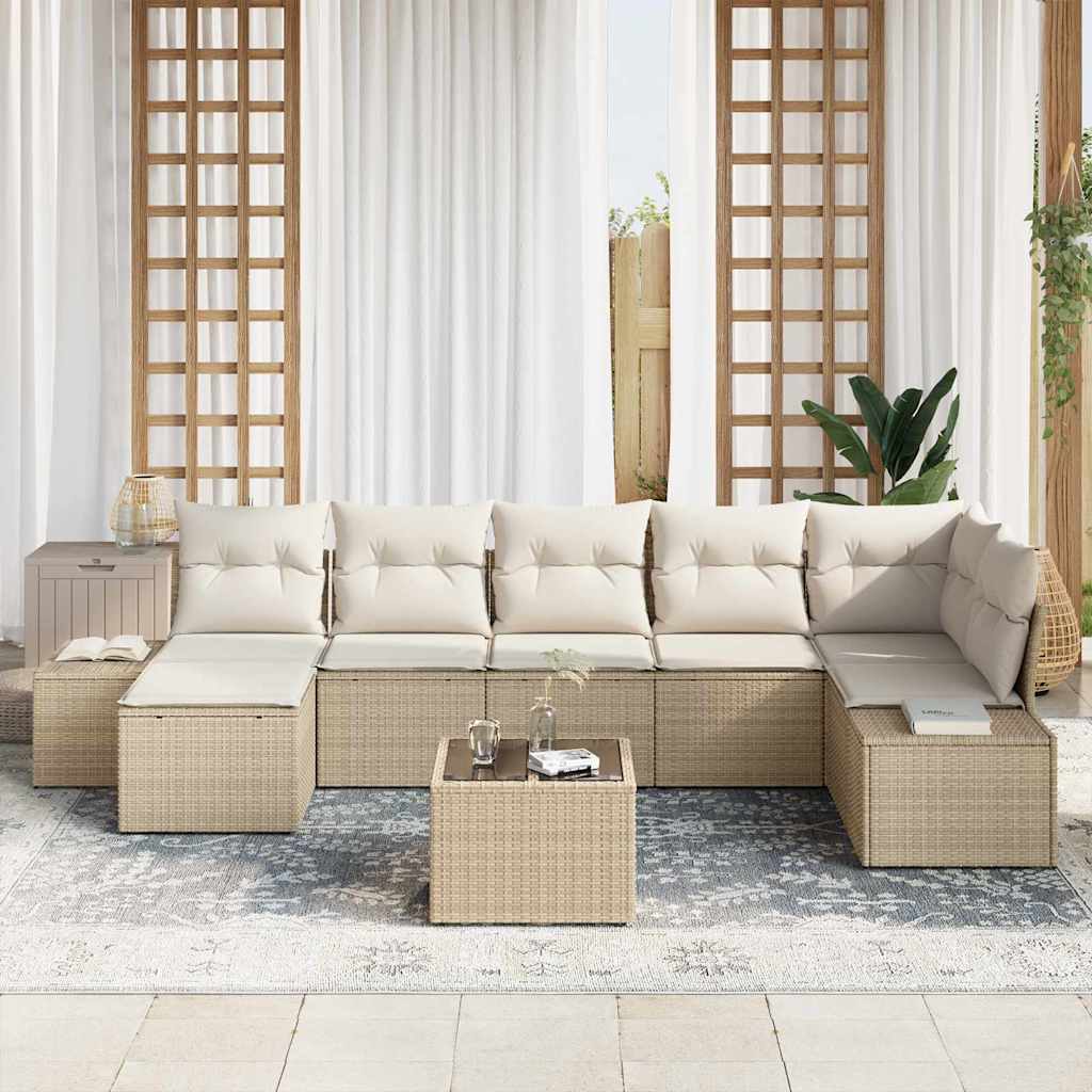 Garten-Sofa-Set mit Kissen mit Speicher 8 pcs Beige Poly Rattan