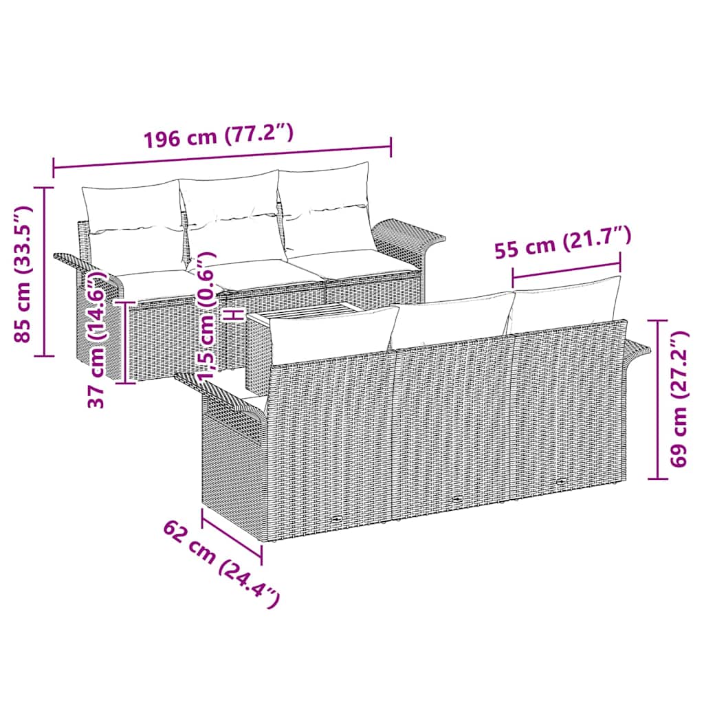 Garten-Sofa-Set mit Kissen 7 pcs Schwarz 55 x 55 x 37 cm