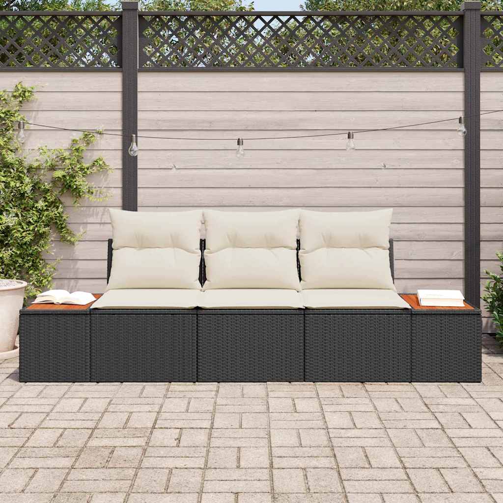 Garten-Sofa-Set mit Kissen 3 pcs Schwarz und Creme Poly Rattan