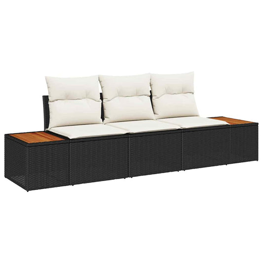 Garten-Sofa-Set mit Kissen 3 pcs Schwarz und Creme Poly Rattan