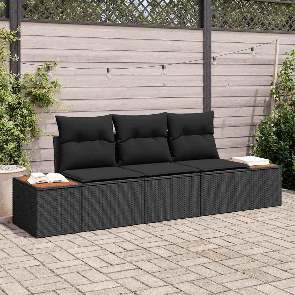 Garten-Sofa-Set mit Kissen 3 pcs Schwarz Poly Rattan