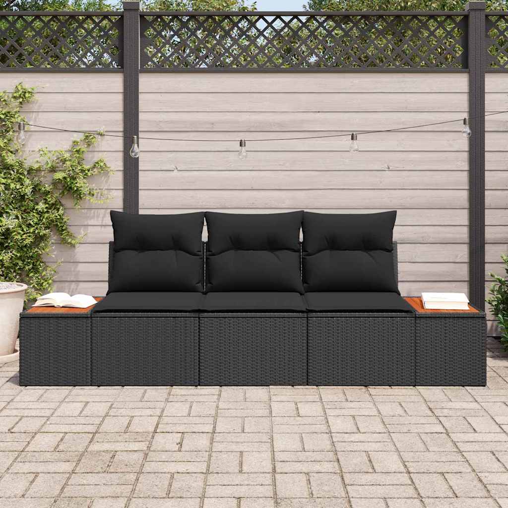 Garten-Sofa-Set mit Kissen 3 pcs Schwarz Poly Rattan