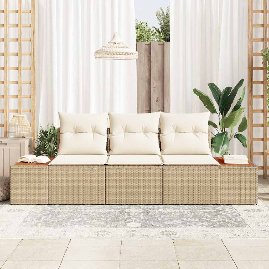 Garten-Sofa-Set mit Kissen 3 pcs Beige und Creme Poly Rattan