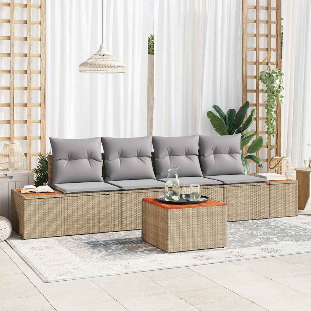 Garten-Sofa-Set mit Kissen mit Speicher 5 pcs Beige Poly Rattan