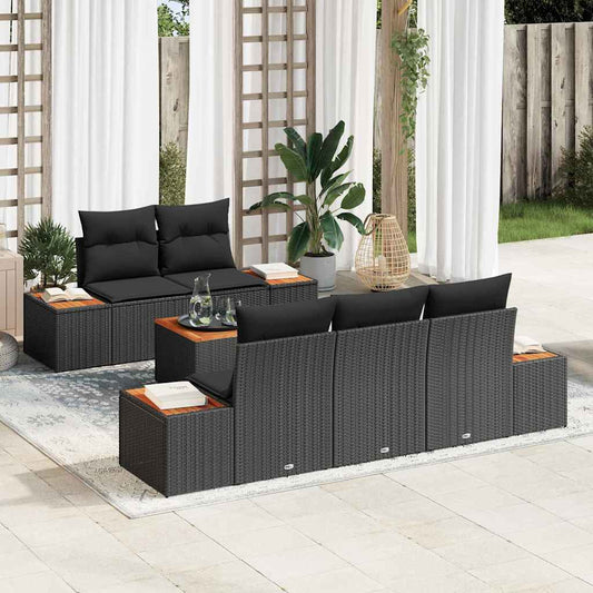 Garten-Sofa-Set mit Kissen 6 pcs Schwarz Poly Rattan