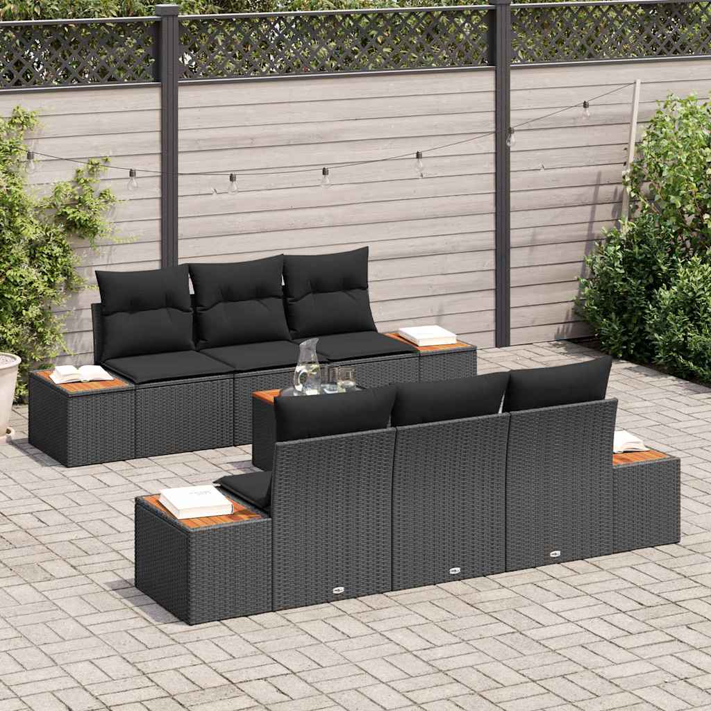 Garten-Sofa-Set mit Kissen 7 pcs Schwarz Poly Rattan