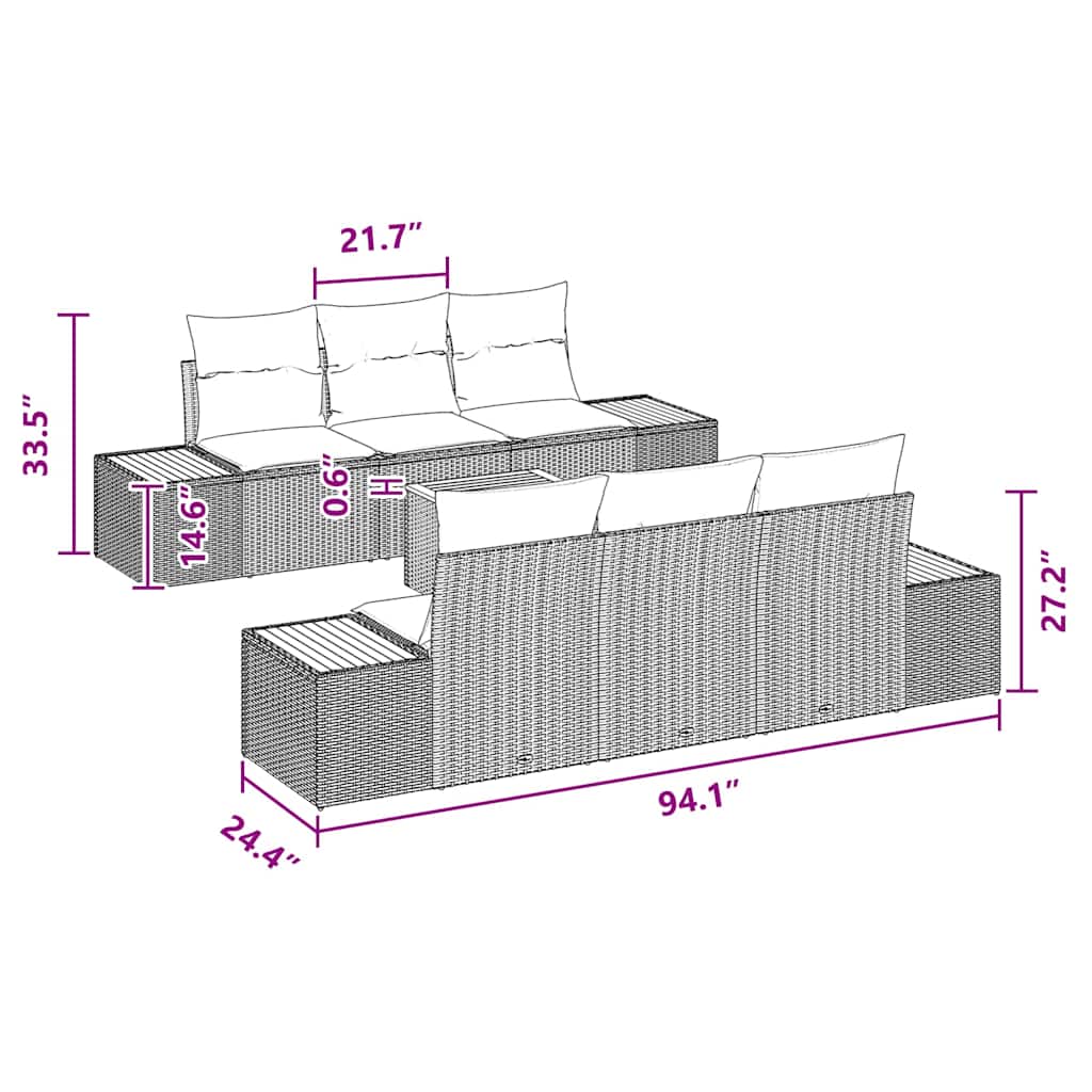 Garten-Sofa-Set mit Kissen 7 pcs Schwarz Poly Rattan
