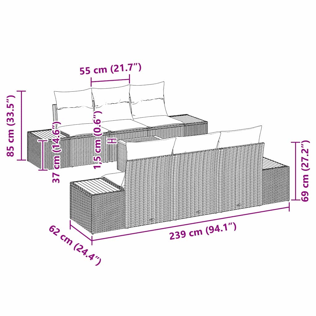 Garten-Sofa-Set mit Kissen mit Speicher 7 pcs Grau Poly Rattan