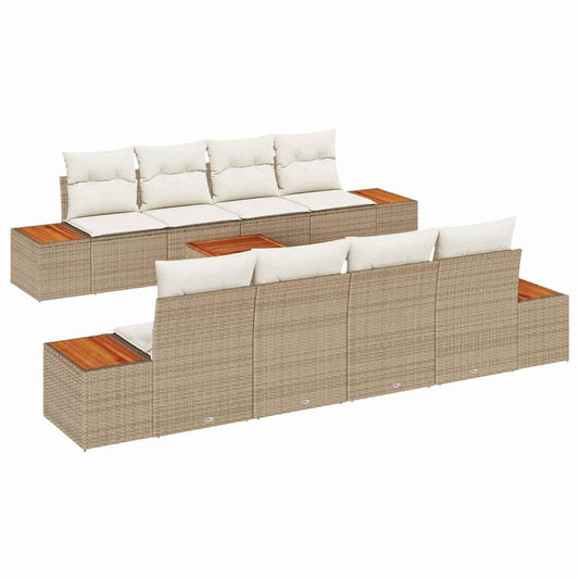 Garten-Sofa-Set mit Kissen mit Speicher 9 pcs Beige Poly Rattan