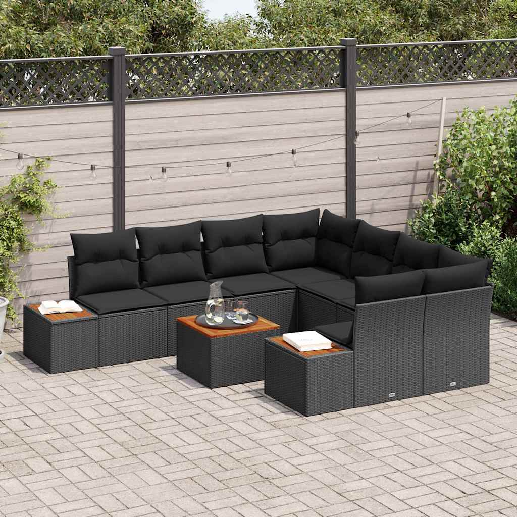 Garten-Sofa-Set mit Kissen 9 pcs Schwarz Poly Rattan