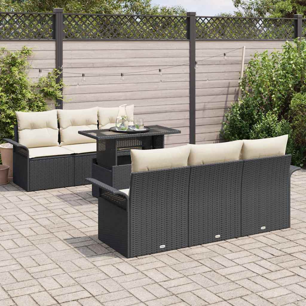 Garten-Sofa-Set mit Kissen 7 pcs Schwarz Poly Rattan