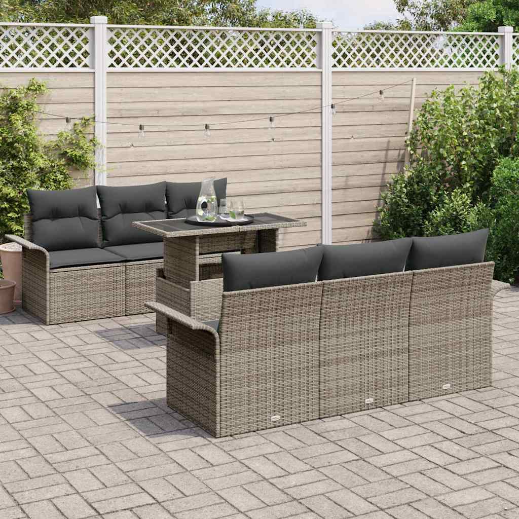 Garten-Sofa-Set mit Kissen mit Speicher 7 pcs Grau Poly Rattan
