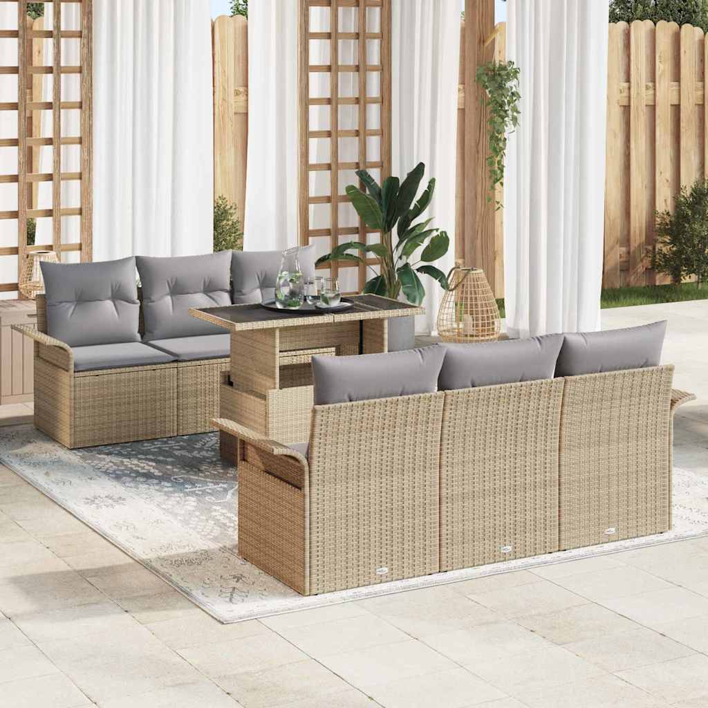 Gartensofa-set mit Kissen mit Speicher 7 pcs Beige Poly Rattan