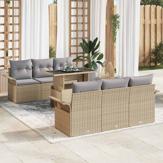 Gartensofa-set mit Kissen mit Speicher 7 pcs Beige Poly Rattan
