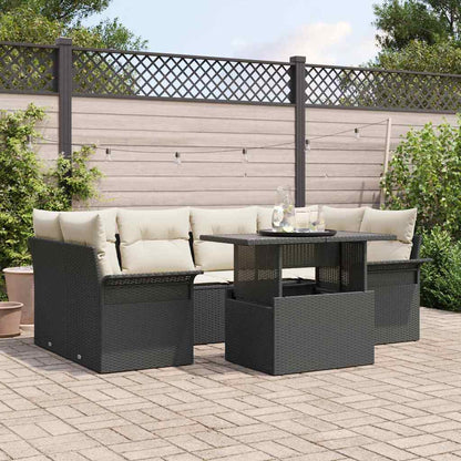 Garten-Sofa-Set mit Kissen 7 pcs Schwarz Poly Rattan