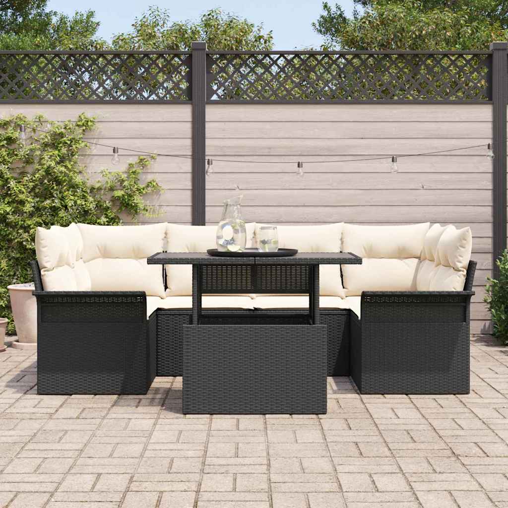 Garten-Sofa-Set mit Kissen 7 pcs Schwarz Poly Rattan