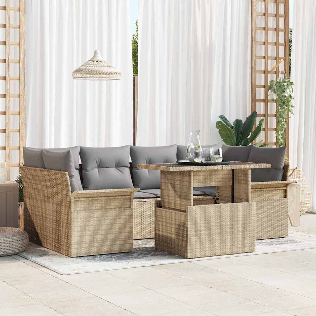 Garten-Sofa-Set mit Kissen mit Speicher 7 pcs Beige Poly Rattan