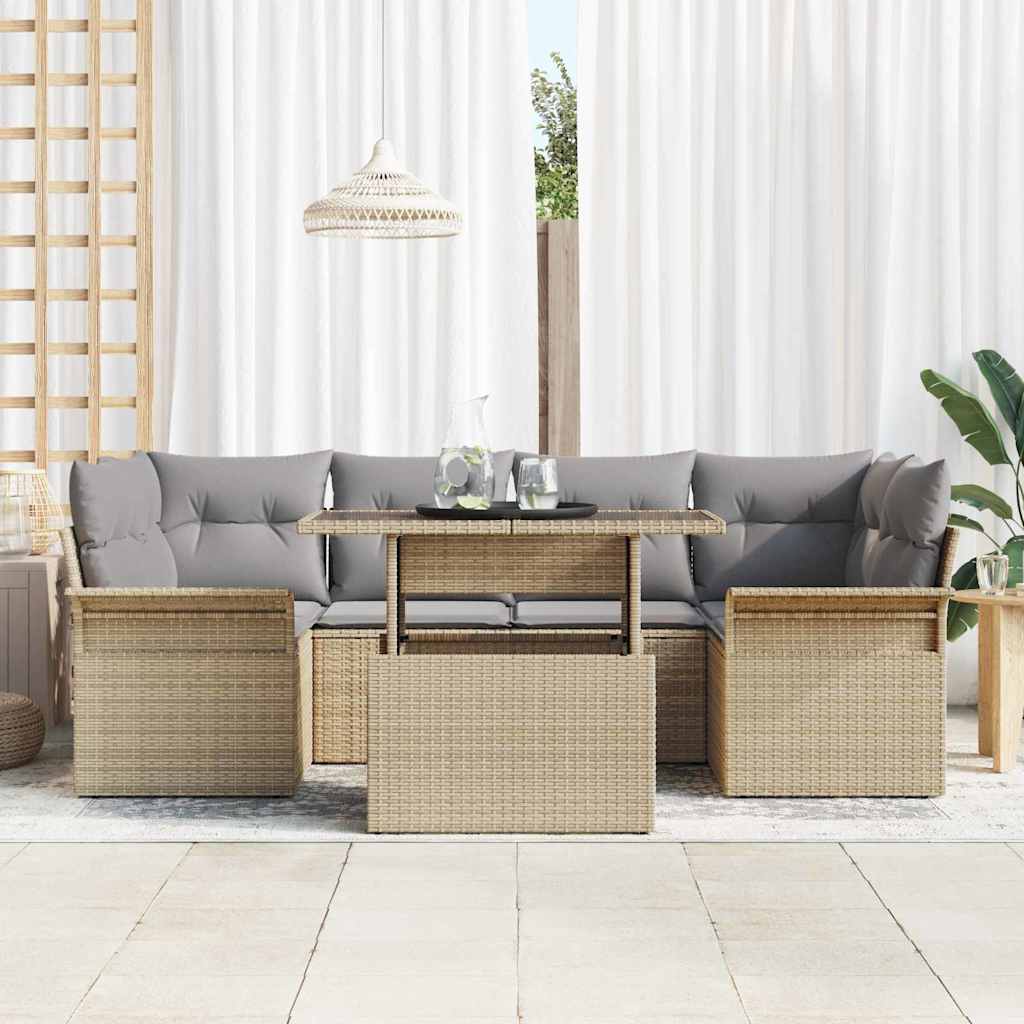 Garten-Sofa-Set mit Kissen mit Speicher 7 pcs Beige Poly Rattan