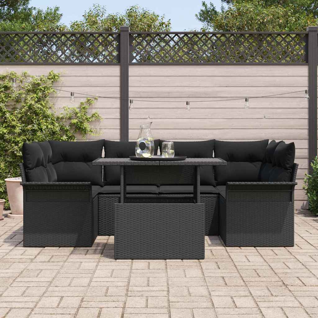 Garten-Sofa-Set mit Kissen 7 pcs Schwarz Poly Rattan