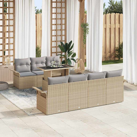 Garten-Sofa-Set mit Kissen mit Speicher 8 pcs Beige Poly Rattan