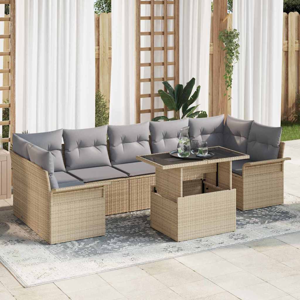 Garten-Sofa-Set mit Kissen mit Speicher 8 pcs Beige Poly Rattan