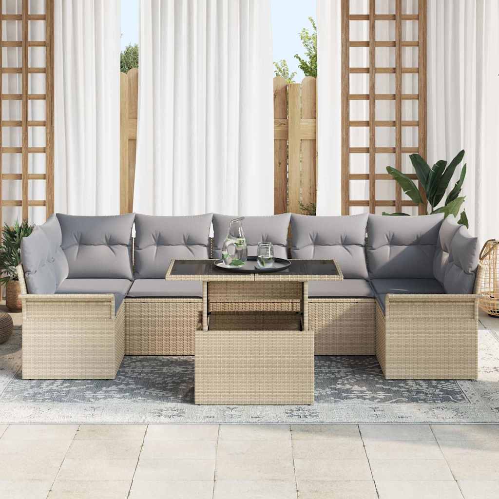 Garten-Sofa-Set mit Kissen mit Speicher 8 pcs Beige Poly Rattan