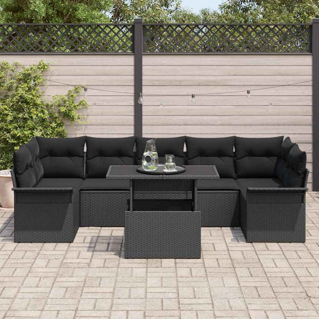 Garten-Sofa-Set mit Kissen 8 pcs Schwarz Poly Rattan