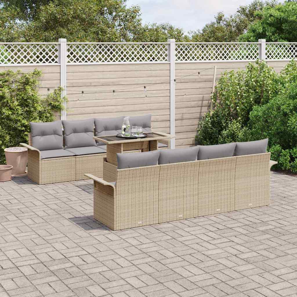 Garten-Sofa-Set mit Kissen mit Speicher 9 pcs Beige Poly Rattan
