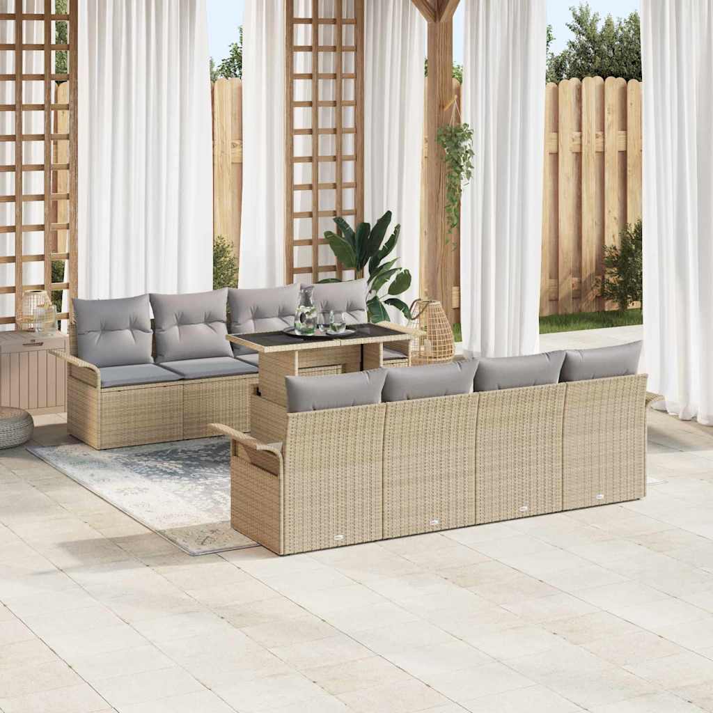 Garten-Sofa-Set mit Kissen mit Speicher 9 pcs Beige Poly Rattan