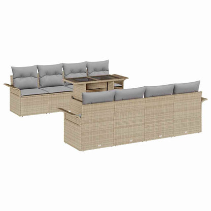Garten-Sofa-Set mit Kissen mit Speicher 9 pcs Beige Poly Rattan