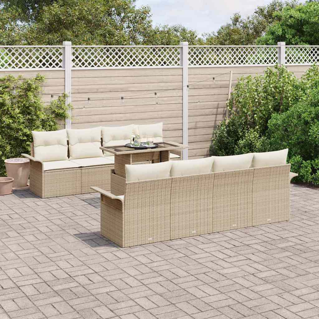 Garten-Sofa-Set mit Kissen mit Speicher 9 pcs Beige Poly Rattan