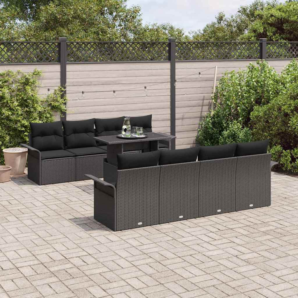 Garten-Sofa-Set mit Kissen 9 pcs Schwarz Poly Rattan