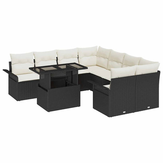 Garten-Sofa-Set mit Kissen 9 pcs Schwarz Poly Rattan