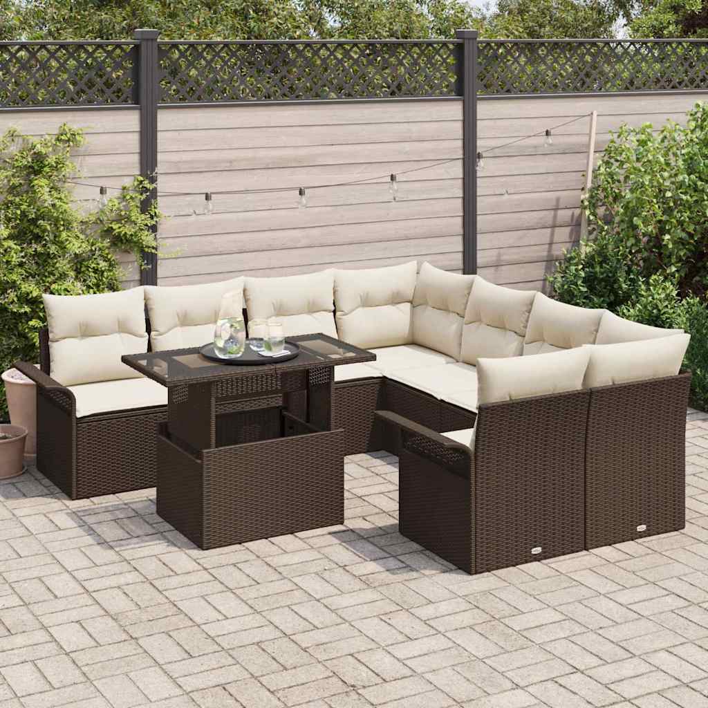 Garten-Sofa-Set mit Kissen mit Speicher 9 pcs Braun Poly Rattan