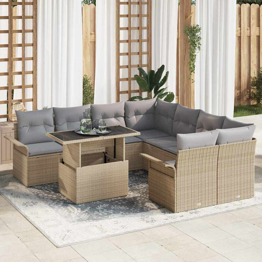 Garten-Sofa-Set mit Kissen mit Speicher 9 pcs Beige Poly Rattan