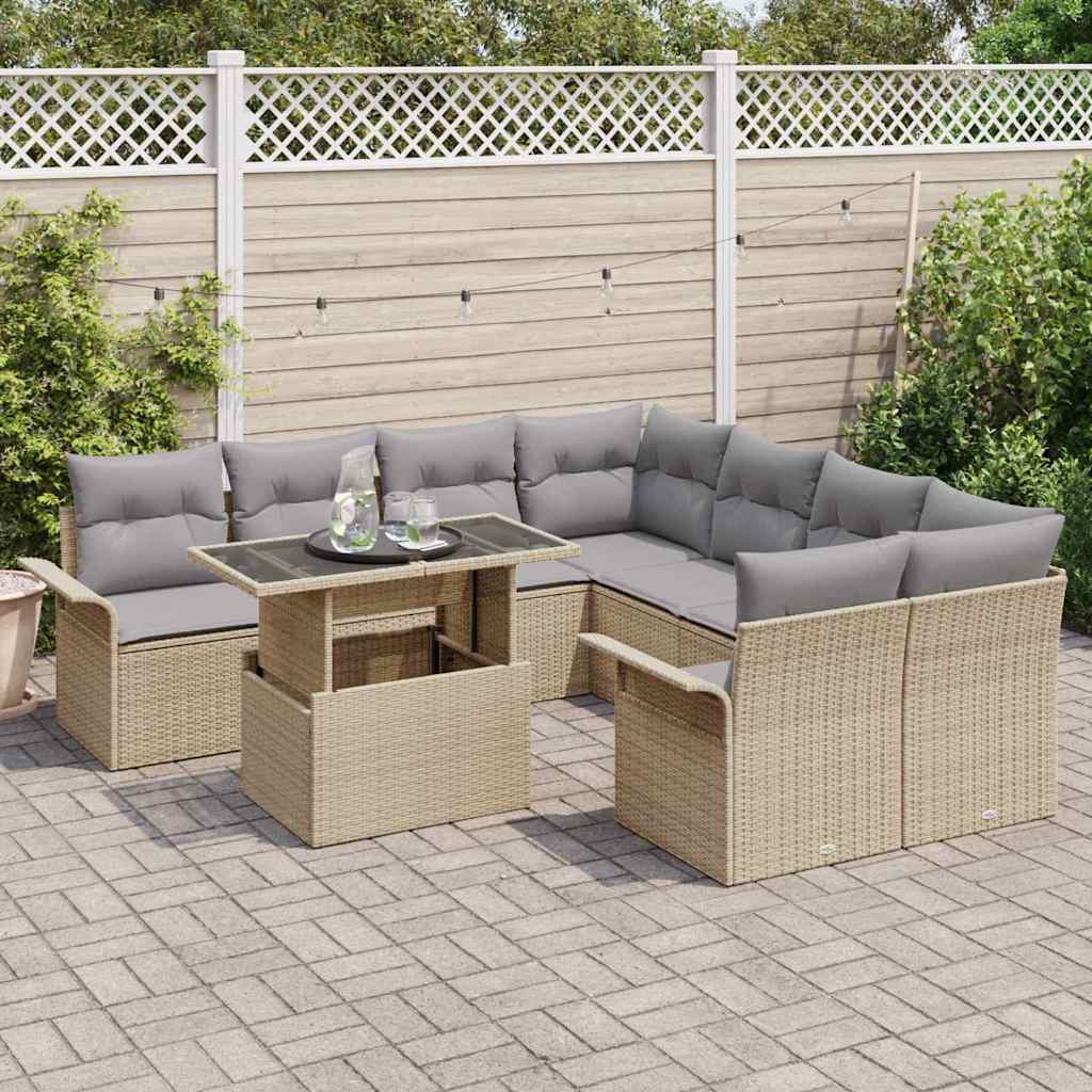 Garten-Sofa-Set mit Kissen mit Speicher 9 pcs Beige Poly Rattan