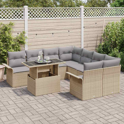 Garten-Sofa-Set mit Kissen mit Speicher 9 pcs Beige Poly Rattan
