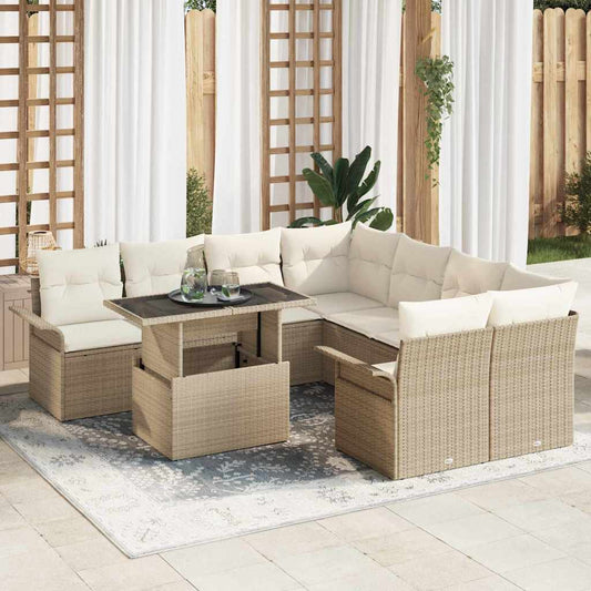 Garten-Sofa-Set mit Kissen mit Speicher 9 pcs Beige Poly Rattan