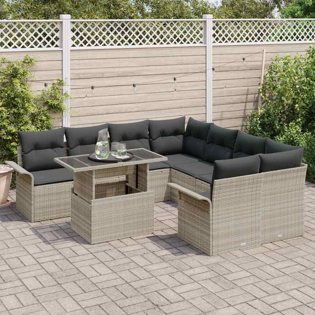 Garten-Sofa-Set mit Kissen 9 pcs Hellgrau Poly Rattan
