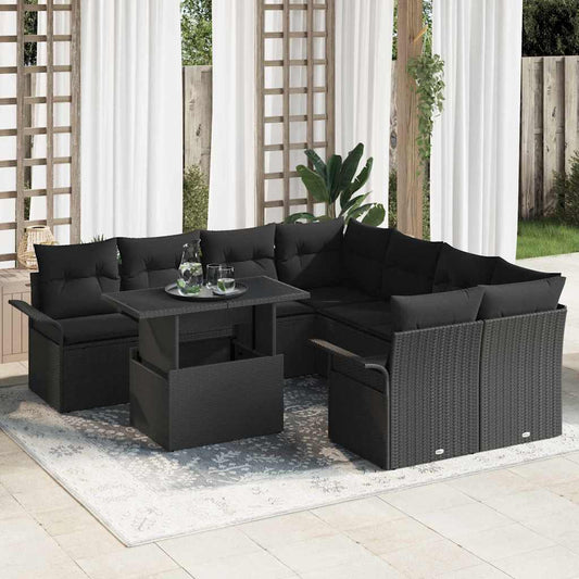Garten-Sofa-Set mit Kissen 9 pcs Schwarz Poly Rattan