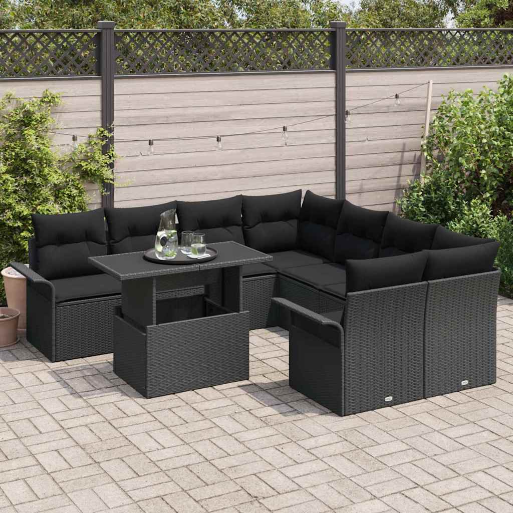 Garten-Sofa-Set mit Kissen 9 pcs Schwarz Poly Rattan