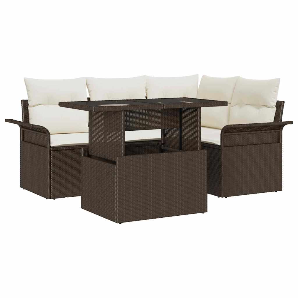 Garten-Sofa-Set mit Kissen mit Speicher 5 pcs Braun Poly Rattan